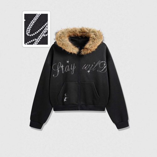 2026 Autumn and Winter Heavy Heavy European and American cross-border street personality all-matching Y2K wholesale fur collar hooded zipper sweaters for men and women