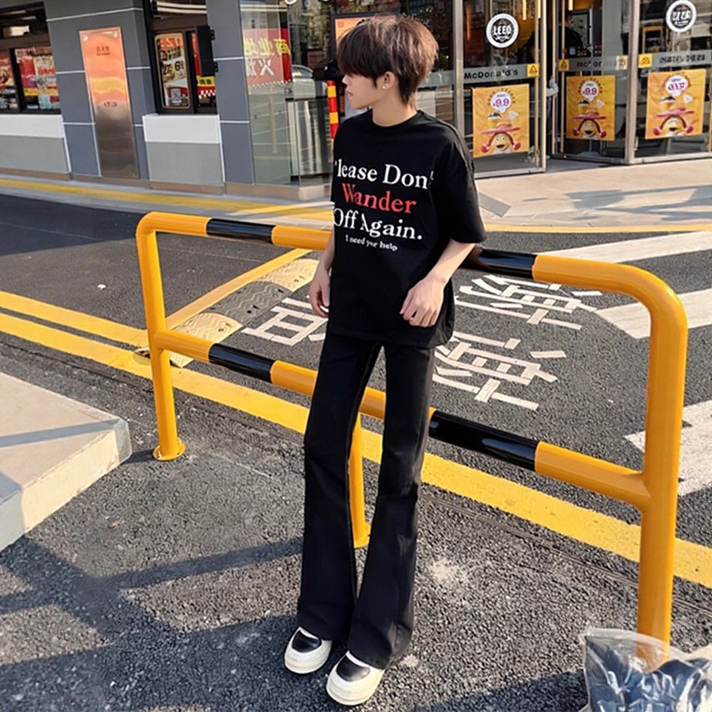 Guochao 하이 스트리트 캐주얼 블랙 다용도 마이크로 플레어 청바지 남성 봄, 가을 하이 엔드 슬림 바지 세이버 톱 바지