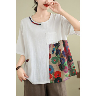 High-End Cotton and Linen Splicing Short-Sleeved T-Shirt for Women Summer 2024 New Style Foreign Style Age-Reducing Loose Flesh-Covering Linen Top