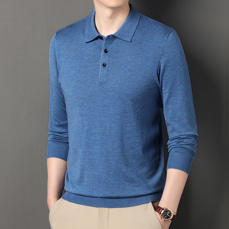 Suéter de lana para hombre 2025 Primavera y otoño Camiseta fina de manga larga para personas jóvenes y de mediana edad Suéter tipo polo de color puro con solapa de 6 lanas para hombres