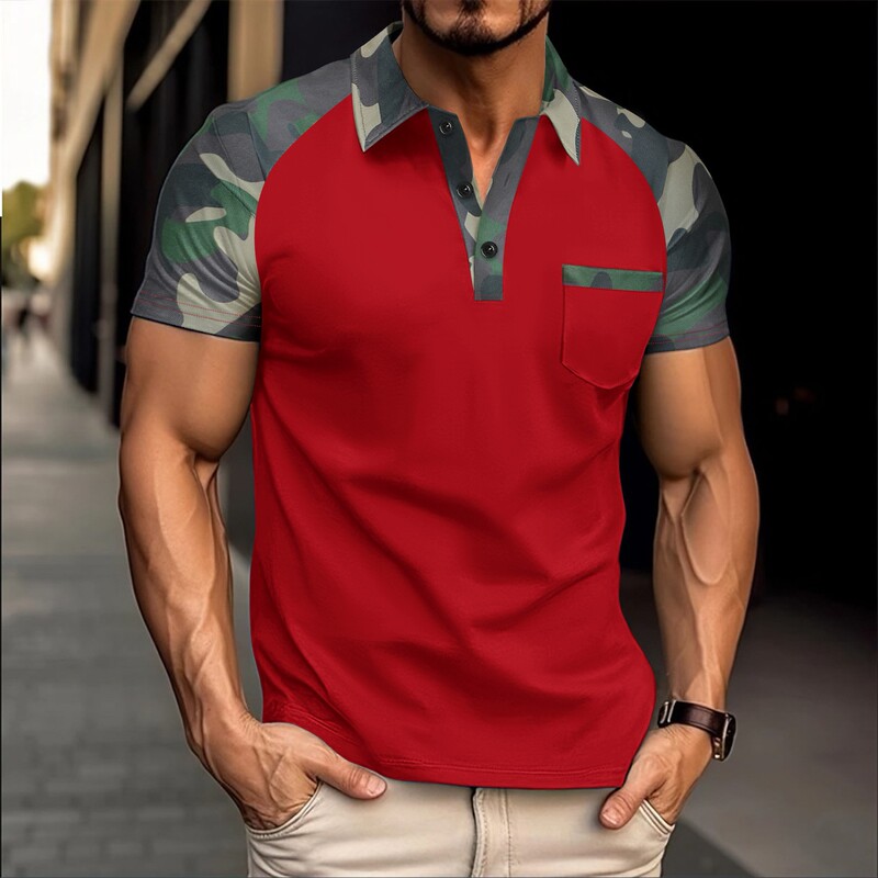 Cross-border American New Hot Sale Summer Outdoor Camouflage Color Block Men's Lar Pocket Button POLO Shirt Short Sleeve