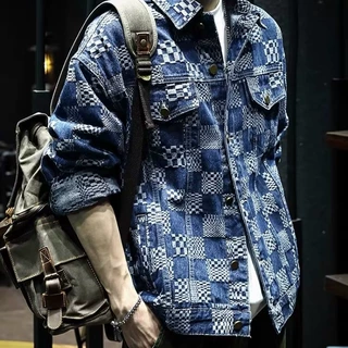 ins潮牌格子提花牛仔外套男秋季宽松大码休闲痞帅夹克设计感衣服