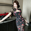 Retro sexy short sleeved hollowed out printed split cheongsam dress