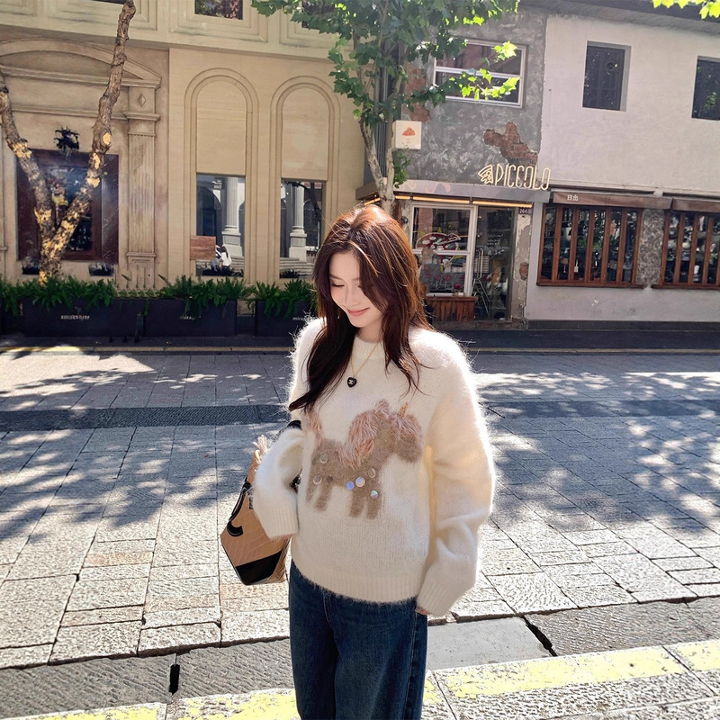 Christmas Pony New Year Sweater Thick Satin-Dyed Sequin Suri Alpaca Wool Knitted Cardigan for Women Winter