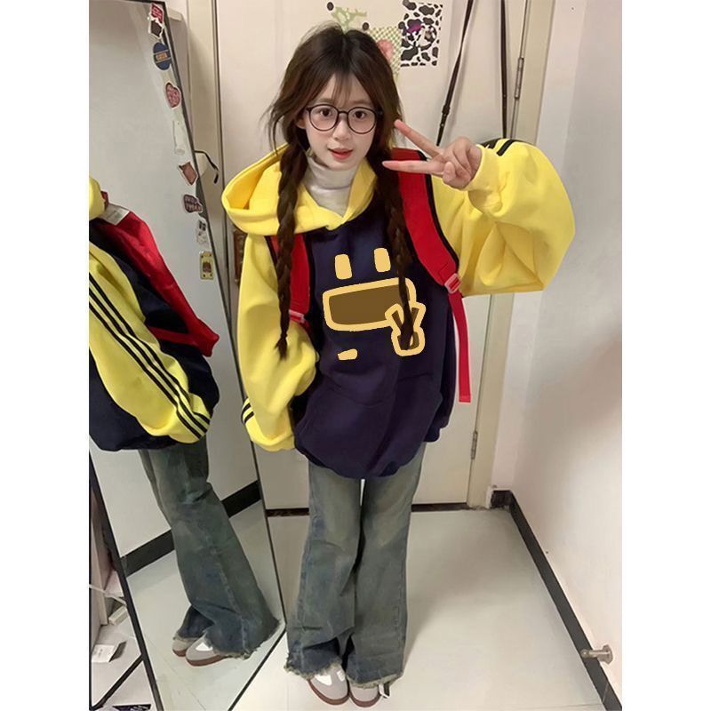 国潮美式撞色条纹印花连帽卫衣女秋冬新款宽松情侣设计感上衣外套|undefined