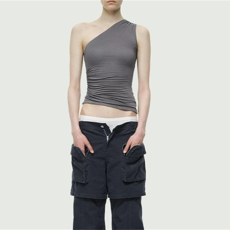 Stretch Slim-Fit Pleated Shoulder Vest Women's Summer New Slim-Fit Slimming Grey/White/Khaki Green