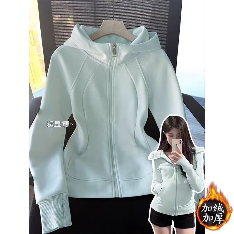 Autumn and Winter New Velvet Yoga Hooded Sweatshirt Women's Slim Slim Zipper Jacket Fashionable Versatile Waist Top