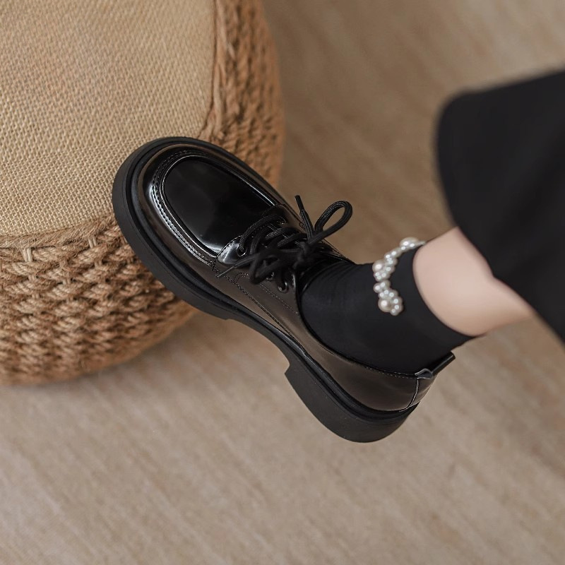 Foreign Trade Style Genuine Leather Flat Lace-Up Loafers for Women 2025 Spring New British Style Retro Black Leather Shoes for Women Foreign Trade Style Genuine Leather Flat Lace-Up Loafers for Women 2025 Spring New British Style Retro Black Leather Shoes for Women