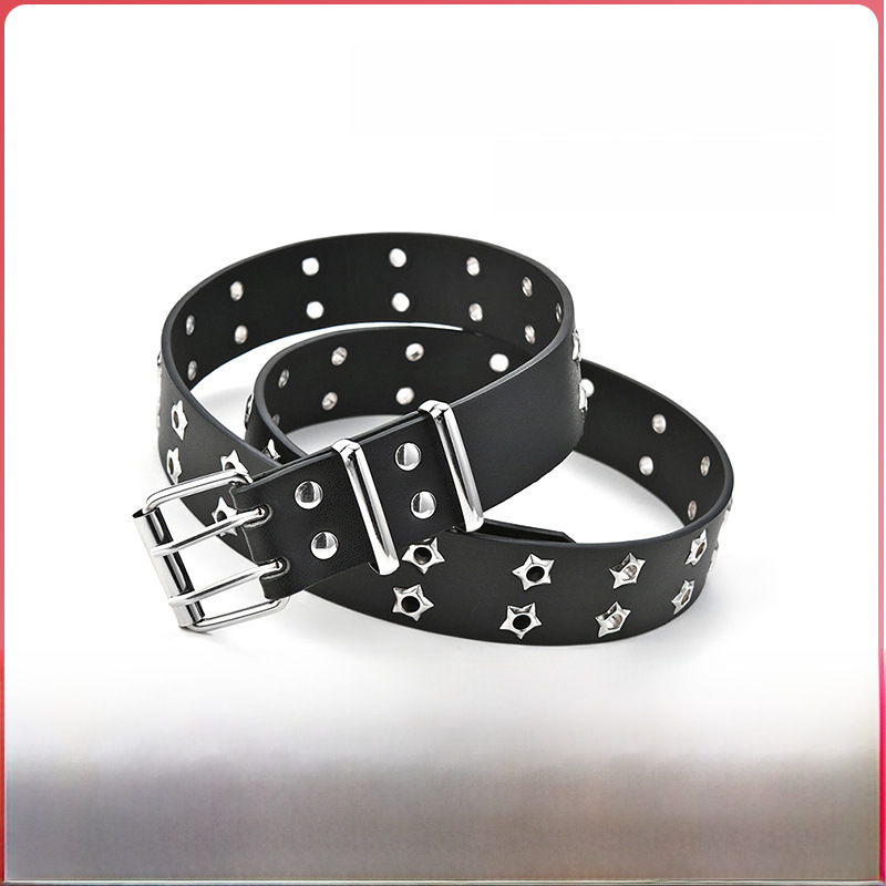 Hollow Punk Style Star Air Eye Double Row Belt Korean Jeans with Corns Women's Fashion Hip Hop Decorative Belt_viptrois.com