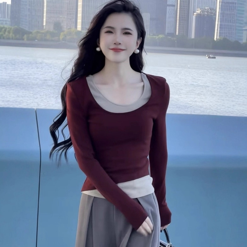 德绒撞色假两件长袖打底衫女早秋季修身显瘦洋气小众上衣外穿潮|undefined
