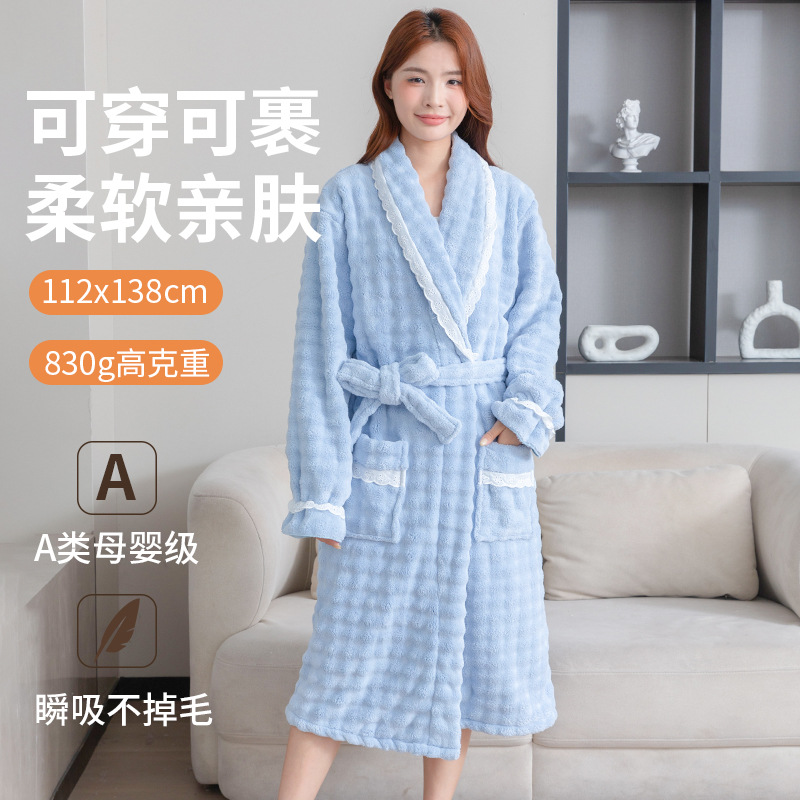 New Bubble Velvet Long-Sleeved Lace Bathrobe Thickened Coral Velvet Home Clothes Soft Loose Nightgown Adult Bathrobe