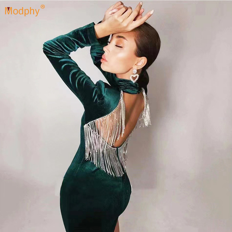 2026 New European and American Cross-Border Women's Sexy Long-Sleeve Backless Velvet Dress with Tassels and Rhinestones
