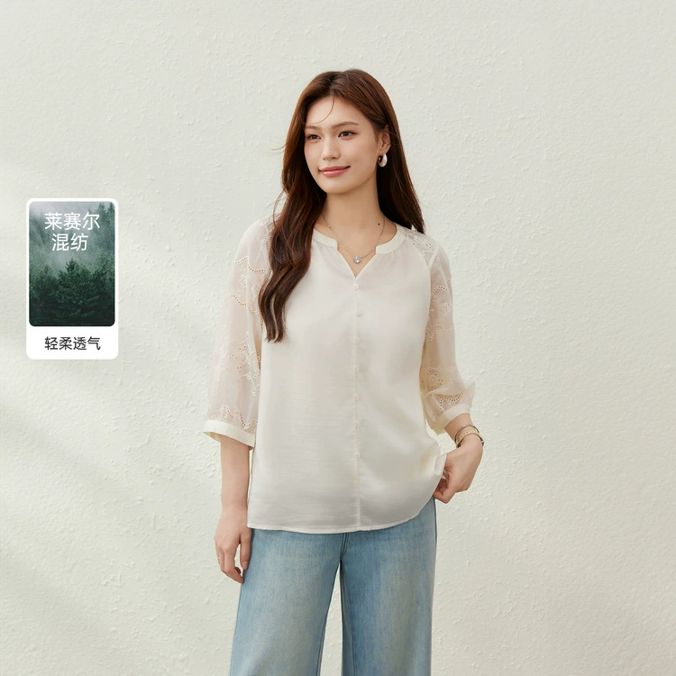 [Белый чай Вечерний бриз] Тонкая рубашка с v-образным вырезом из смеси лиоцелла, тонкая и яркая, больших размеров, толщиной мм, новый летний стиль