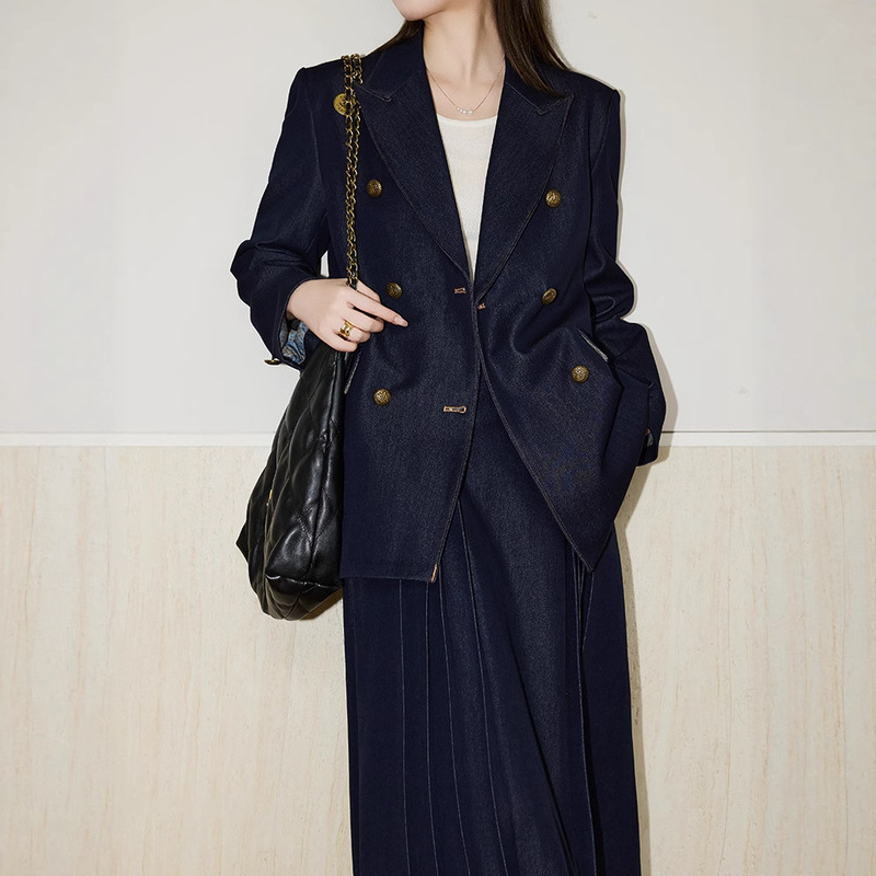 Blazer Women's Double-Breasted Twill Design + Draped Skirt Autum Twill Retro Elegant Long Skirt Blazer Women's Double-Breasted Twill Design + Draped Skirt Autum Twill Retro Elegant Long Skirt