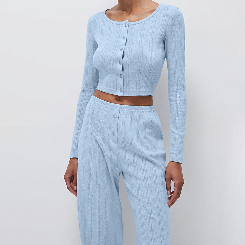 Summer New Style Pajamas Knitted Hollow Jacquard Long-sleeved Trousers Comfortable and Soft Women's Home Clothes European and American Outer Wearing