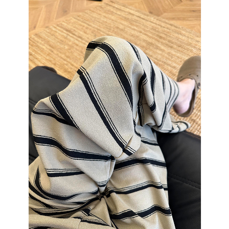 이른 가을 새 스타일 플러스 사이즈 홈 바지 캐주얼 바지 외부 입고 한국 줄무늬 높은 허리 바지 넓은 다리 바지