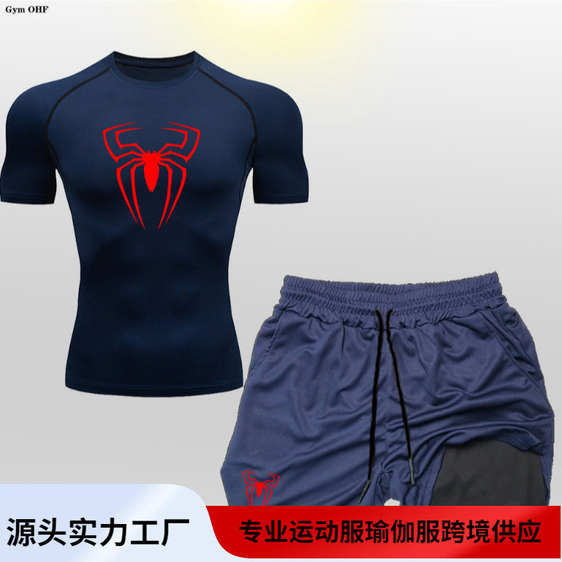 Sportswear sweat-absorbent breathable cross-border animation spider short-sleeved tights gym running 2-in -1 double-layer shorts Sportswear sweat-absorbent breathable cross-border animation spider short-sleeved tights gym running 2-in -1 double-layer shorts
