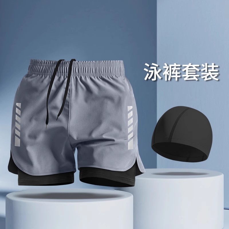 Pantalones de baño para hombres anti-avergonzamiento traje de baño conjunto gorra de baño gafas de baño de tres piezas conjunto completo de natación spa 2024 nuevo