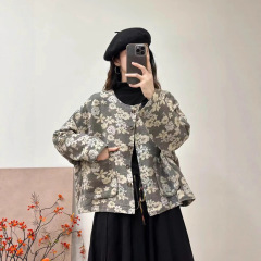 古咖服饰秋季亚麻提花外套女圆领单排扣短款外搭开衫时尚休闲上衣