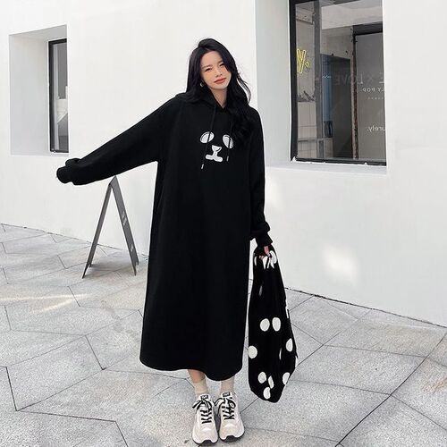 Knee-high long hoodie dress for women, winter loose Korean style ins, lazy style and velvet thick large size fried street dress