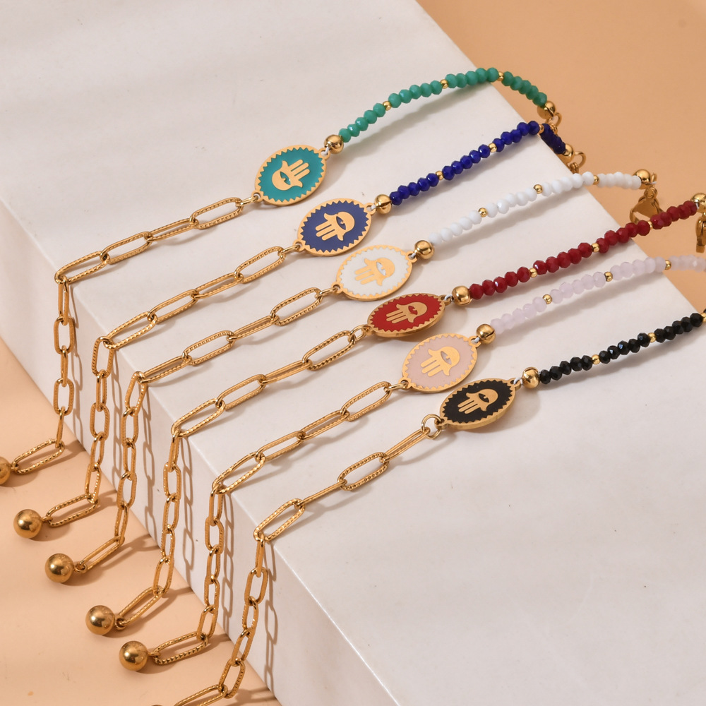 Stainless Steel, Crystal Material Devil'S Eye, Palm Pattern Streetwear Devil's Eye Palm Stainless Steel Crystal Beaded Plating Bracelets