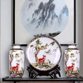 景德镇陶瓷花瓶三件套装饰挂盘手工瓷盘画家居客厅摆件礼品盘套装