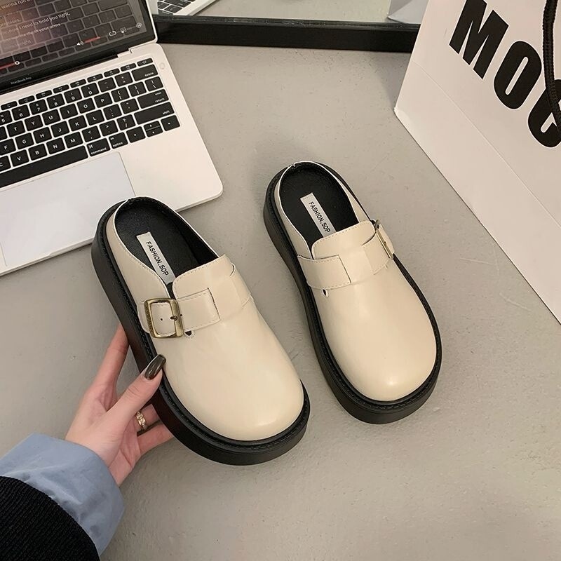 Birkenstock 新しいレザーアウターウェア包頭怠惰なスリッパ女性のための 2025 春多用途厚底高さ増加春と夏のスリッポン|undefined