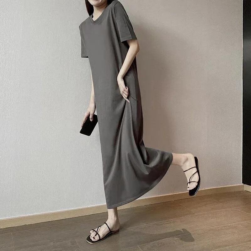 Plus-Size Maternity T-Shirt Dress for Summer, Loose Fit, Conceals Belly, Hides Flab, Slimming, Over-The-Knee, Solid Color Dress