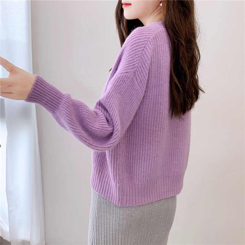 French V-Neck Candy Color Long Sleeve Cardigan Women's Loose Knit Sweater Coat Casual Elegant Outerwear_ecoleips.com