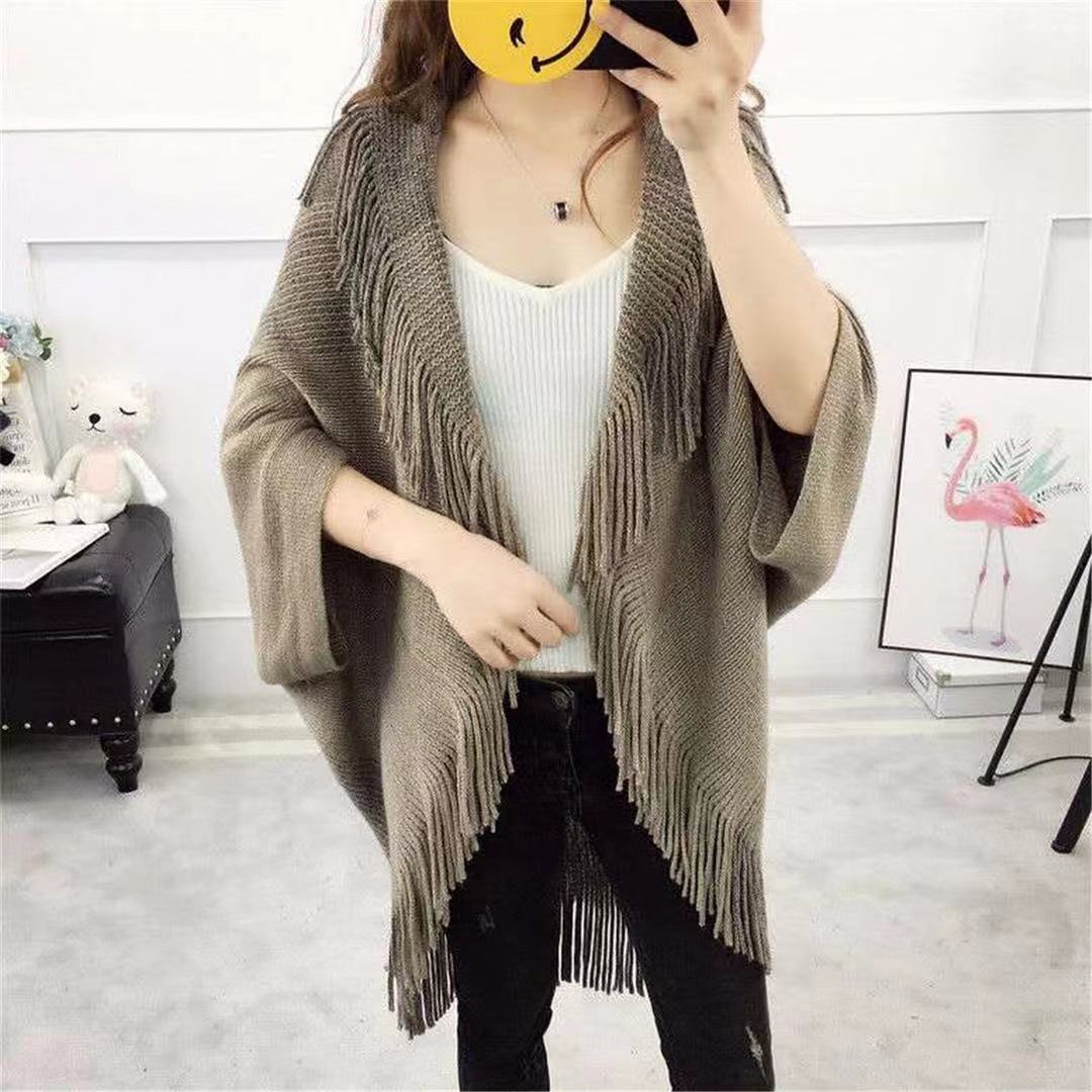 Plus-size fringe knitted shawl cape loose sweater coat plus-size cardigan woman_voghion.com
