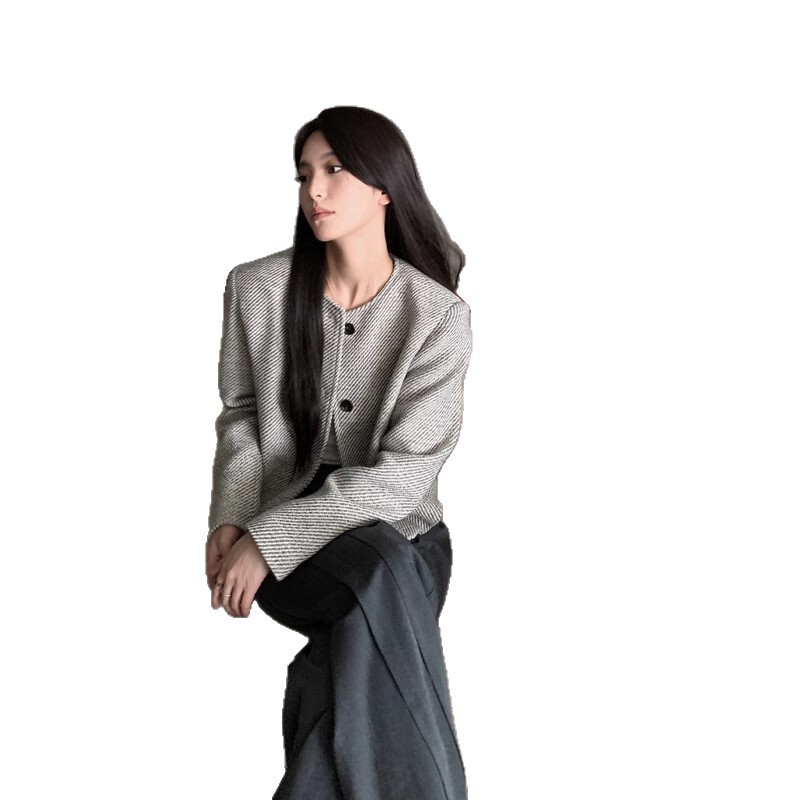 复古圆领小香风外套女春秋小个子高级感条纹宽松名媛千金短款上衣|undefined