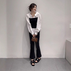 2025秋季新款法式假两件衬衫女绑带收腰显瘦长袖上衣百搭直筒裤
