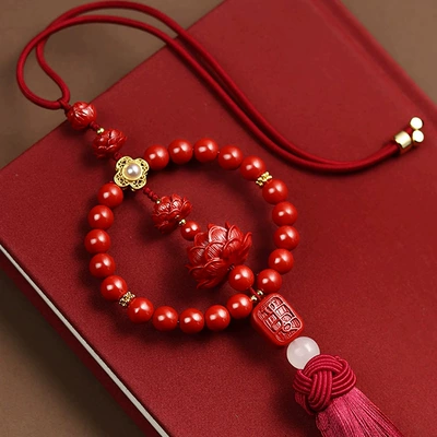 Xiangyun Cinnabar Gourd Car Hanger Hand-woven Ping An Knot Car Hanger Low Content Cinnabar Pendant Pendant (Car hanging) - double-lotus-bead-chain-large-circle-single-burgundy-tassel-car-hanging