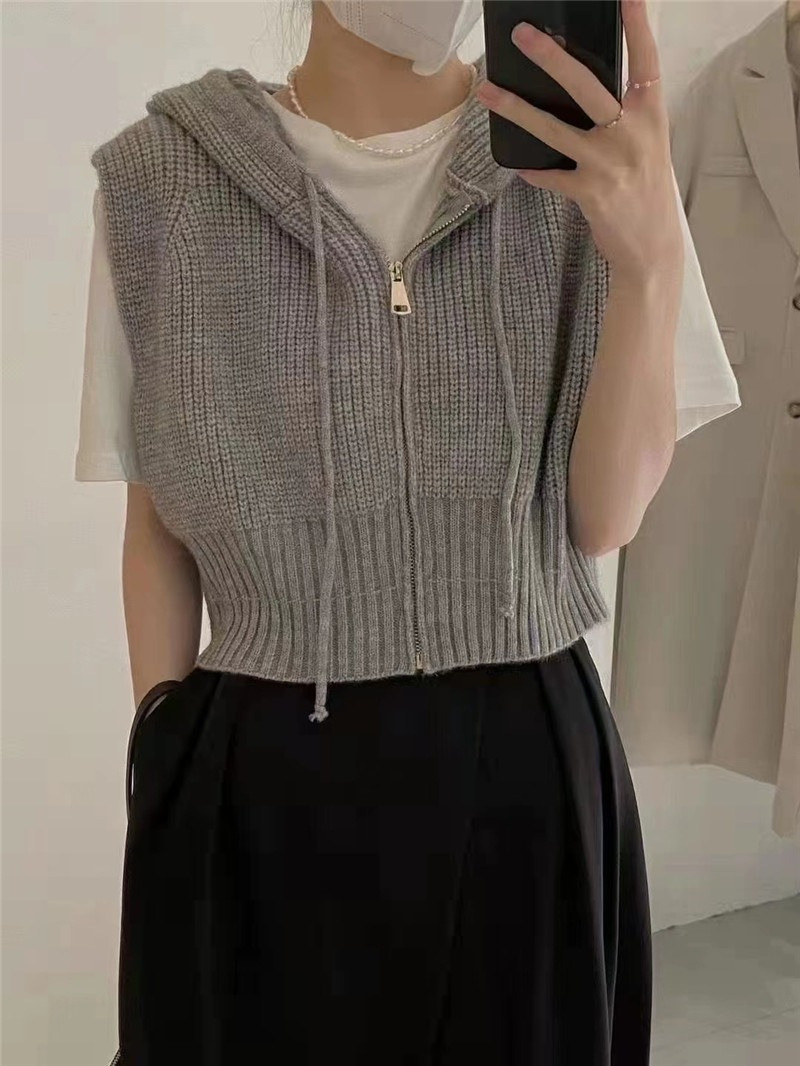 Retro chaleco encapuchado de hombro de punto Cardigan corto de mujer outer vestir otoño nuevo suéter suelto sin mangas abrigo