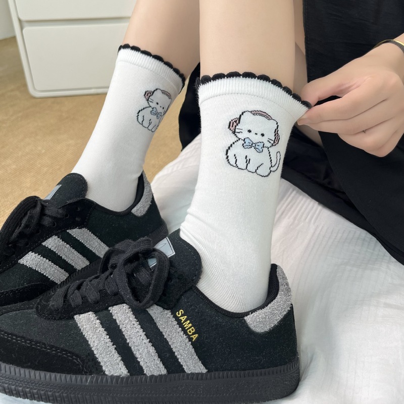 白色无骨袜子女纯棉中筒袜春秋季日系卡通猫咪堆堆袜可爱少女长袜|undefined