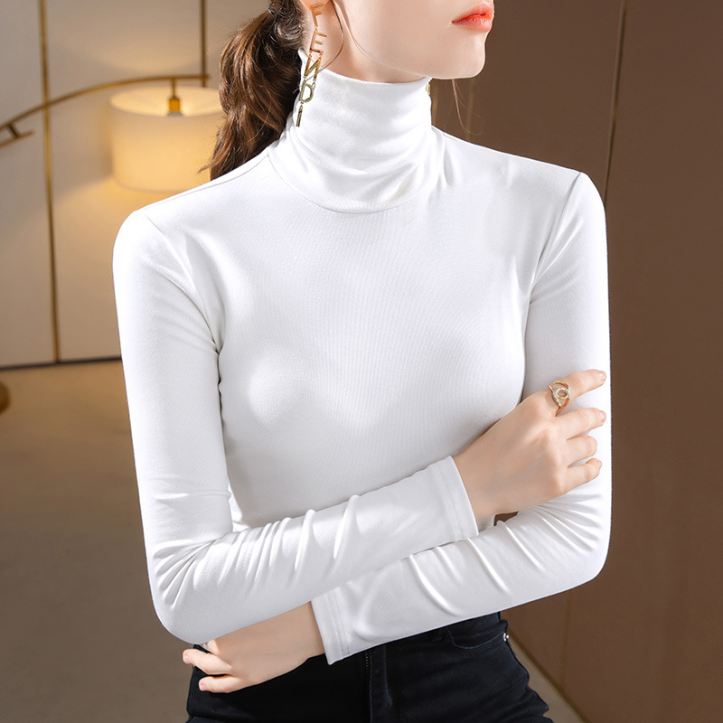 Camisa de fondo de cuello alto para mujer 2022 Otoño e Invierno Nueva Camiseta de manga larga de color sólido con forro polar cálido Cintura interior superior ajustada image 9