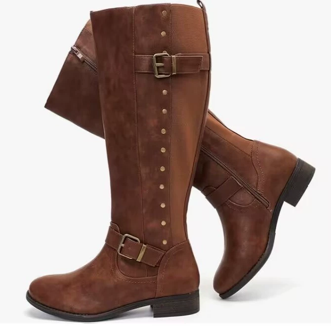 2024 осень и зима новые женские туфли дикие ремни пряжки 40-43 сапоги большого размера рыцарь заклепки сапоги женские сапоги