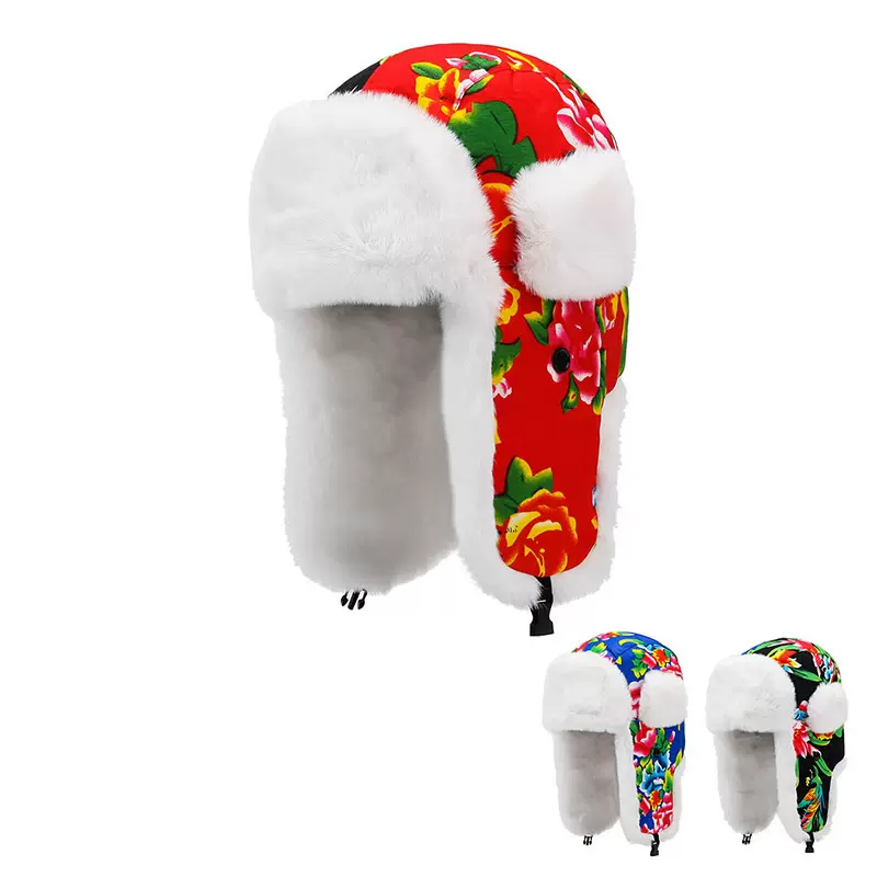 民族风复古东北棉帽子男大花布儿童雷锋帽女冬季可爱护耳防寒骑行