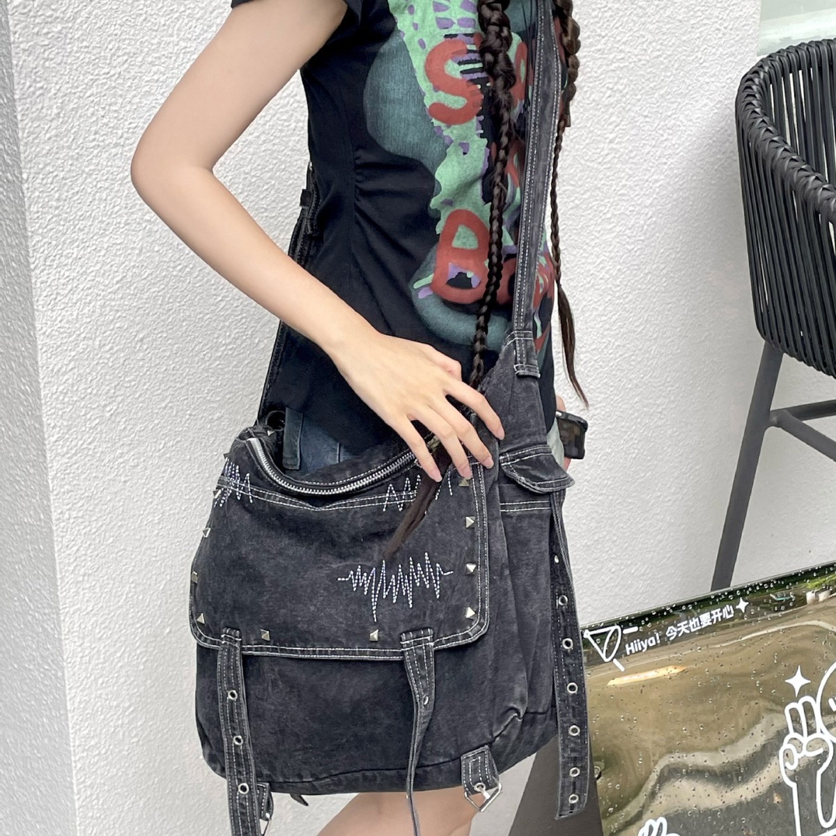Eniel Personality Connection Cowboy Bag Large Capacity Student Single Shoulder Bag Commute Leisure Trendy Ins Tote Bag