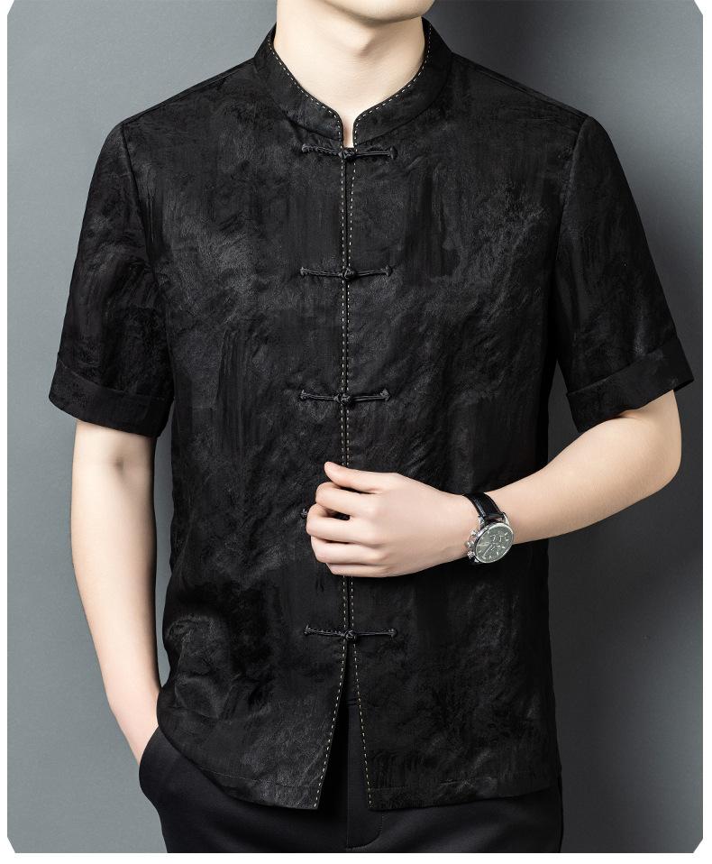 Áo sơ mi ngắn tay nam mulberry silk mỏng nhẹ mùa hè dáng rộng — Đen 26A230 chi tiết 11