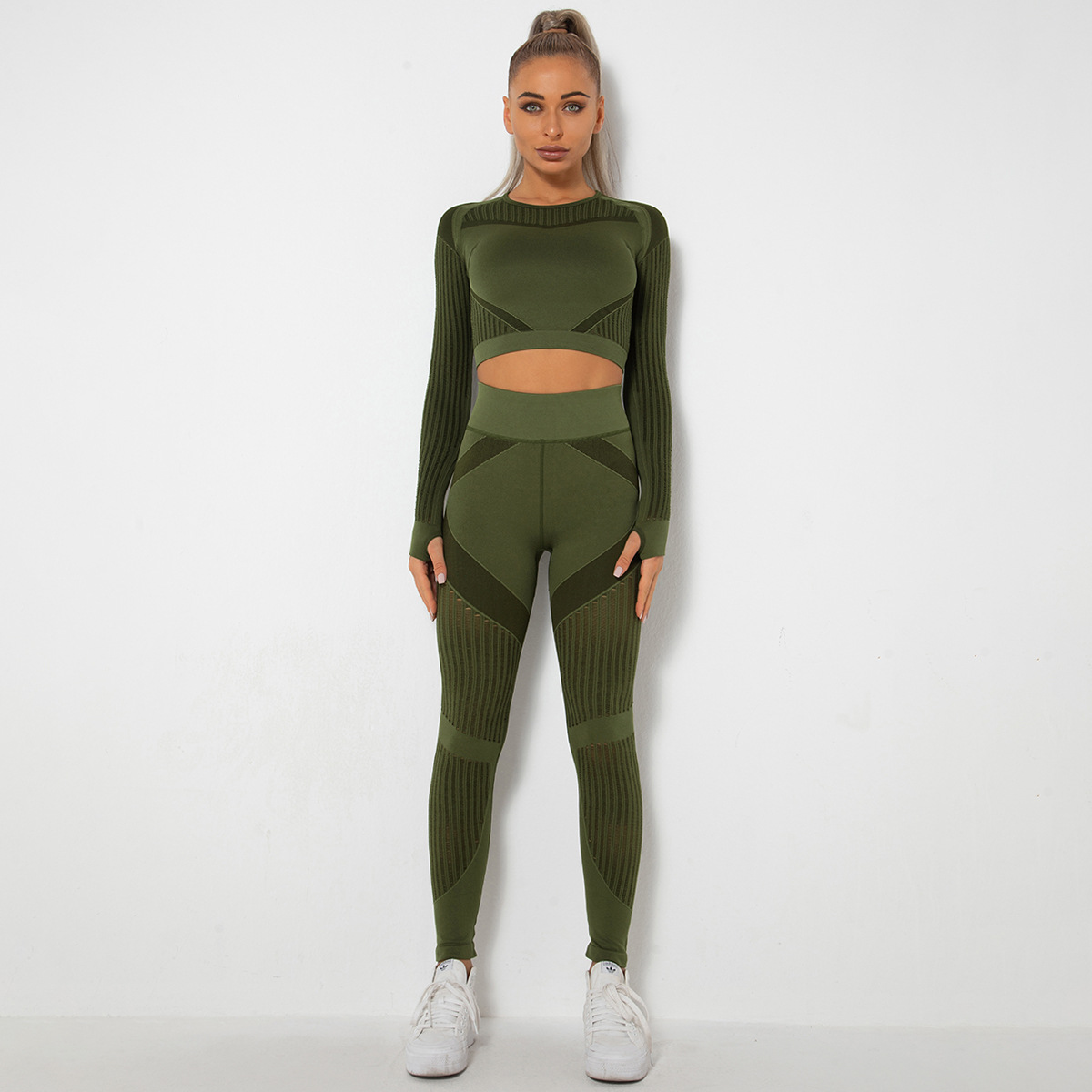 ¡En stock! Europeo y americano sin costuras hueco-fuera de absorción de humedad de yoga traje de manga larga ropa de yoga deportes fitness correr pantalones de yoga para mujeres