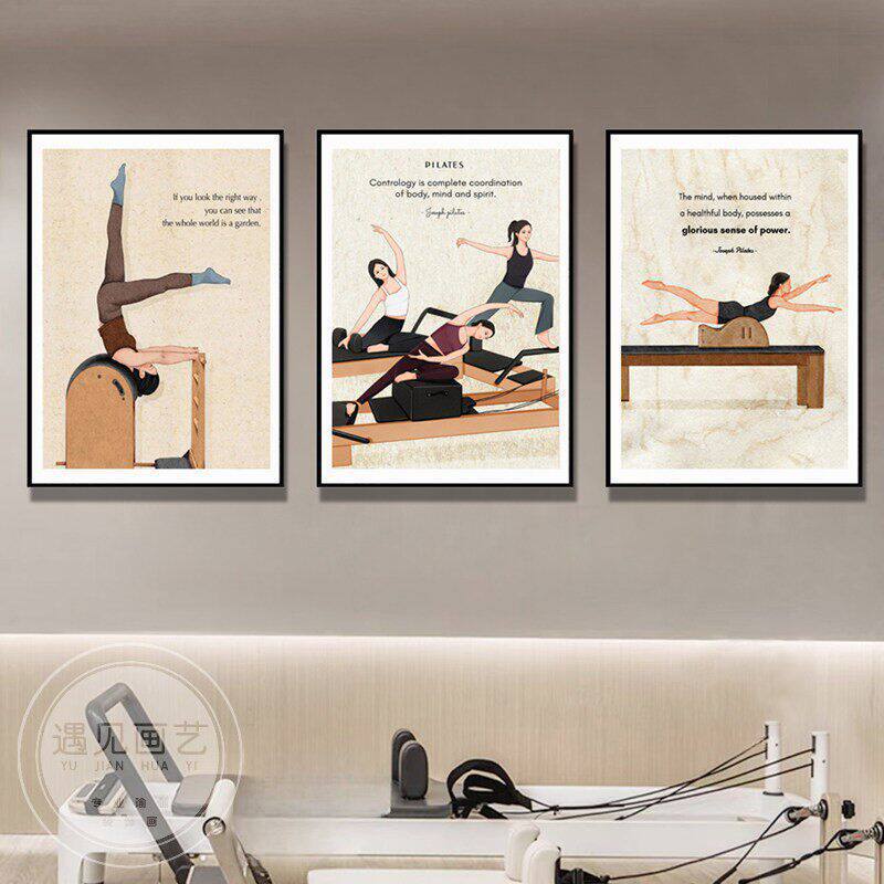 Pilates wall art, yoga studio wall decoration painting, hand-painted style, cartoon artistic girl, Zen soft studio mural