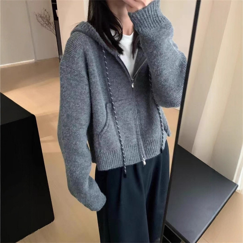 Cross-Border New Short Casual Pocket Design Double Zipper Long Sleeve Drawstring Hooded Knitted Cardigan Top for Women
