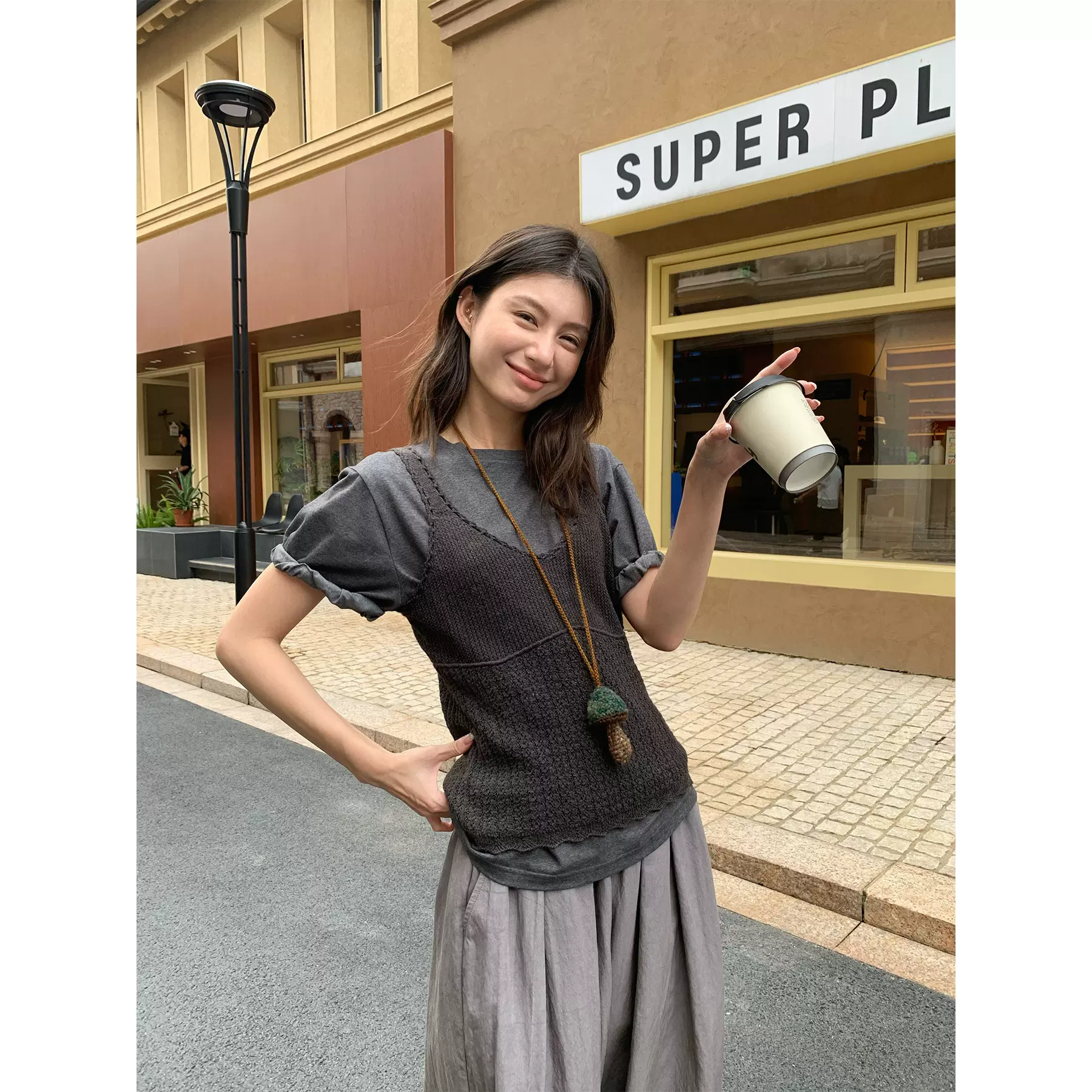 NEIHE内赫十三行女装钩花毛织搭短袖T恤女秋季新款真两件257088