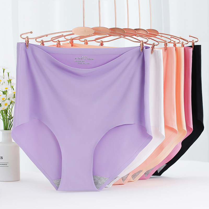Cross-Border Temu Popular High-Waisted Ice Silk Seamless Large Size Silky Elastic Full Coverage Women's Underwear