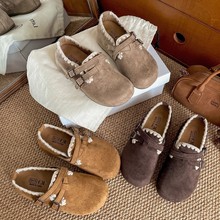 森系复古内增高一字扣勃肯鞋女2025新款懒人一脚蹬加绒保暖豆豆鞋