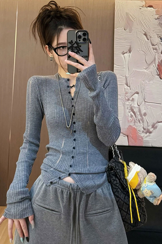 韩系氛围感穿搭灰色v领针织开衫女早秋慵懒宽松系带毛衣外套上衣|undefined