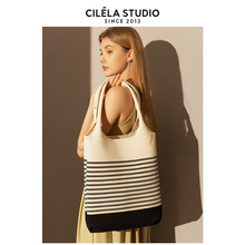 小众设计师帆布包撞色条纹托特包大容量单肩女包腋下包水桶包女夏