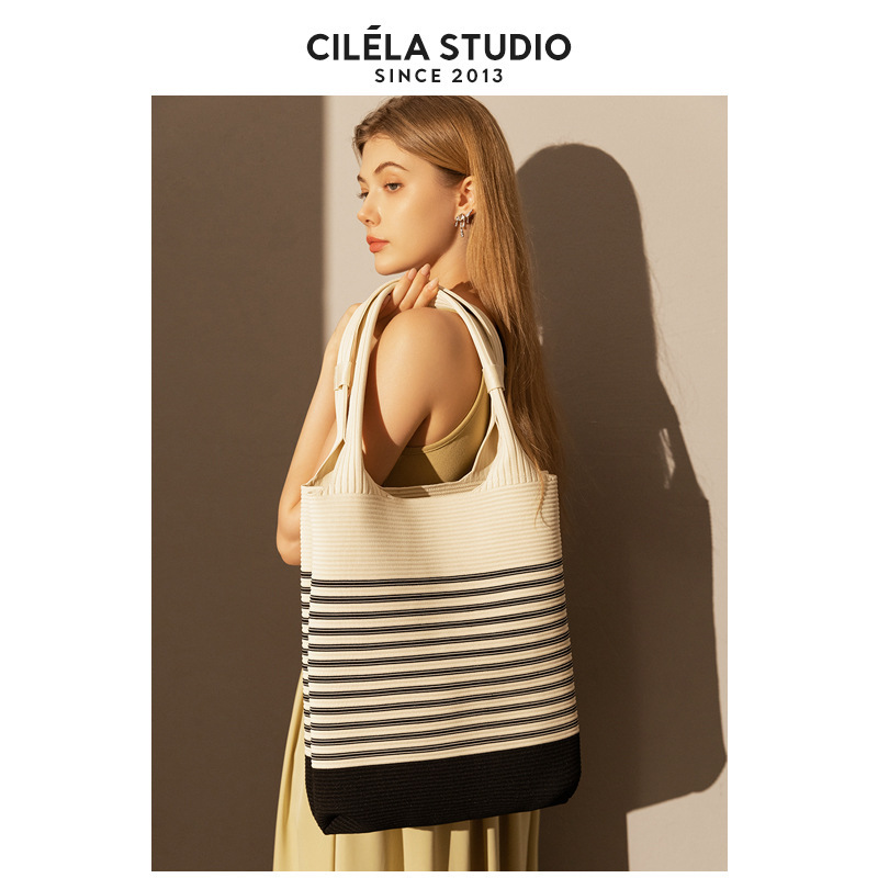 Niche Designer Canvas Bag Contrast Color Striped Tote Bag Large Capacity Shoulder Bag Women's Underarm Bag Bucket Bag Women's Summer