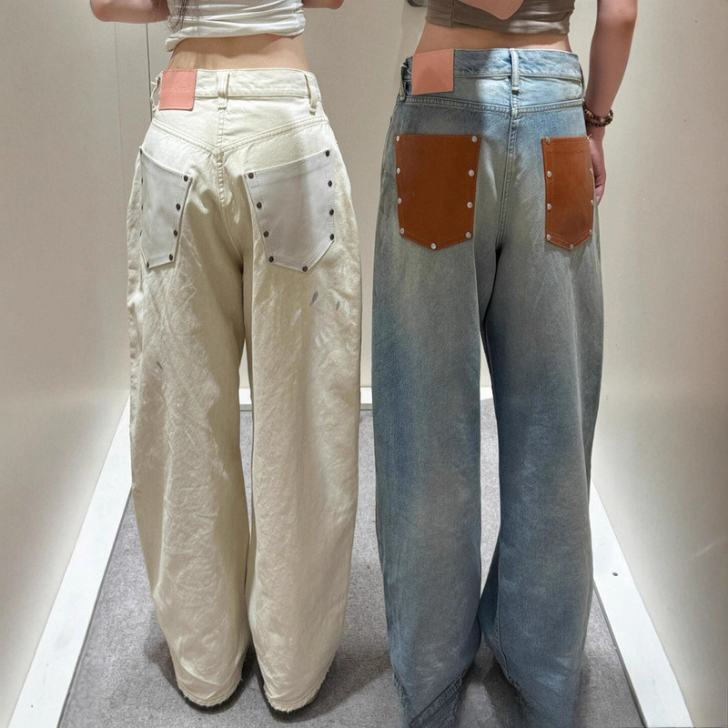 Nanyou Quality 25Ss Vintage Distressed Leather Pocket Patchwork Studded Loose Wide-Leg Distressed Jeans Couple Style Cotton Nanyou Quality 25Ss Vintage Distressed Leather Pocket Patchwork Studded Loose Wide-Leg Distressed Jeans Couple Style Cotton